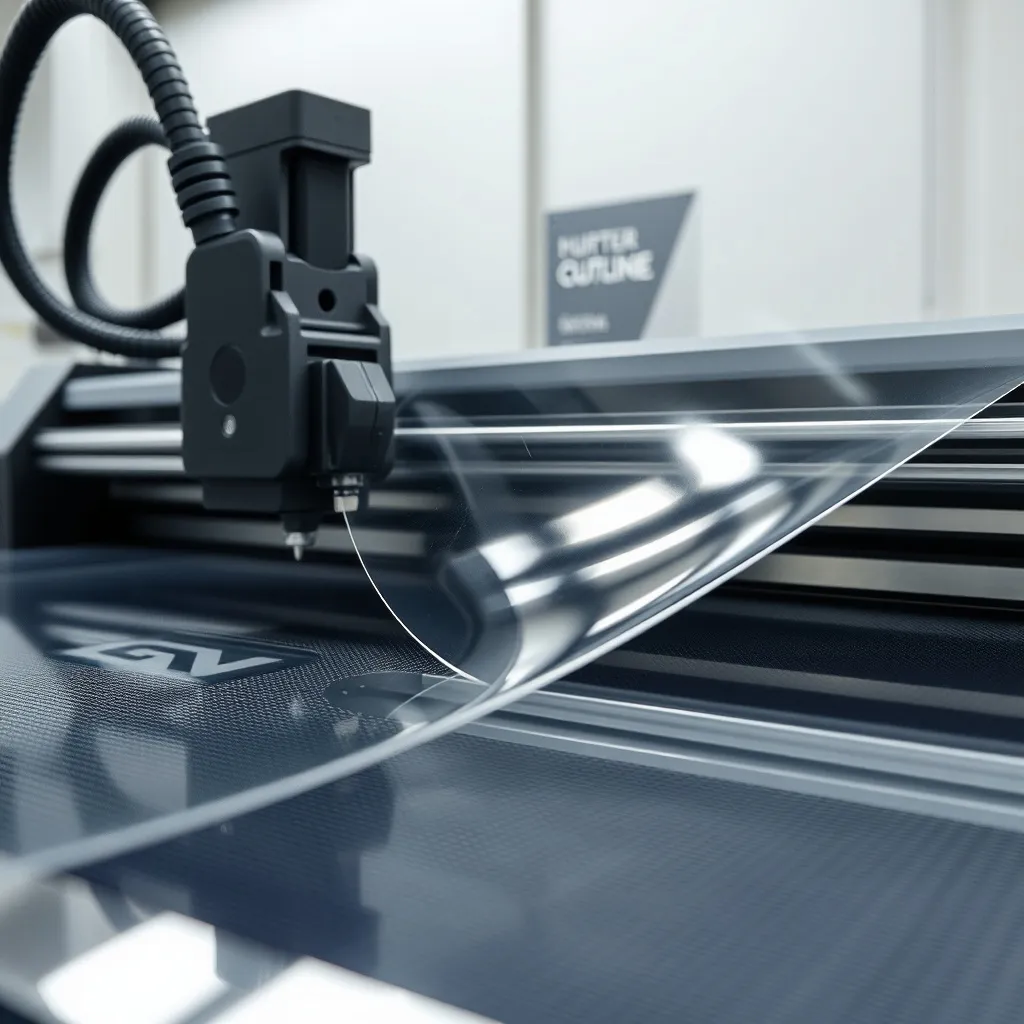A professional digital vinyl plotter cutting a transparent p