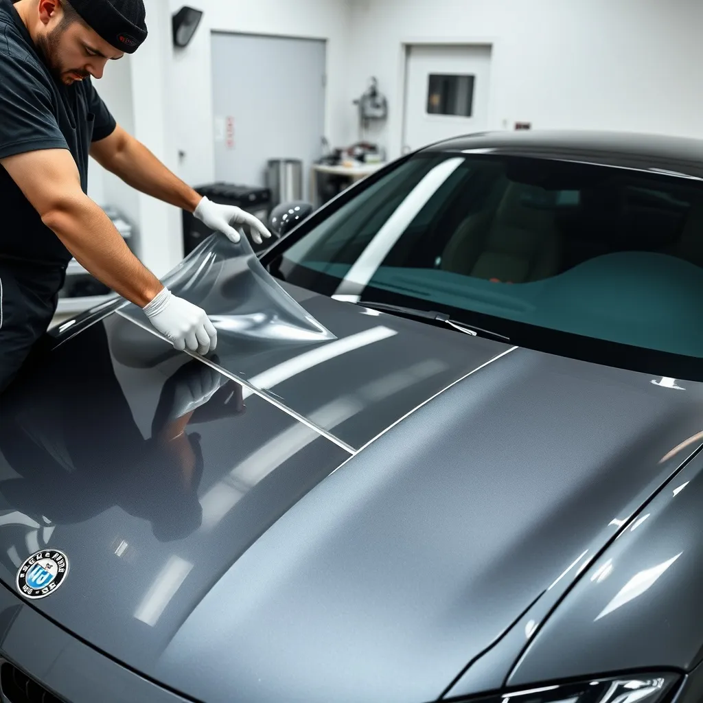 A professional detailer applying a clear paint protection fi