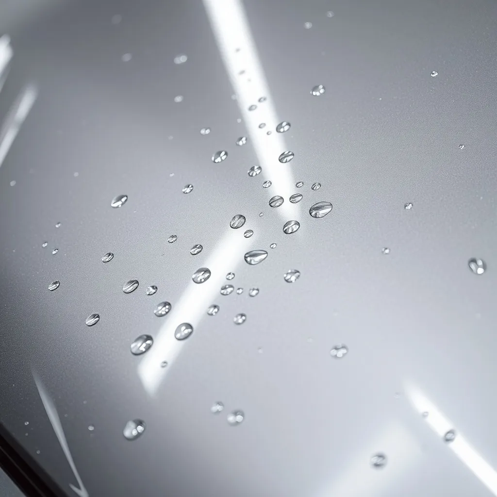 Close-up of water beading on a high-gloss grey car surface p