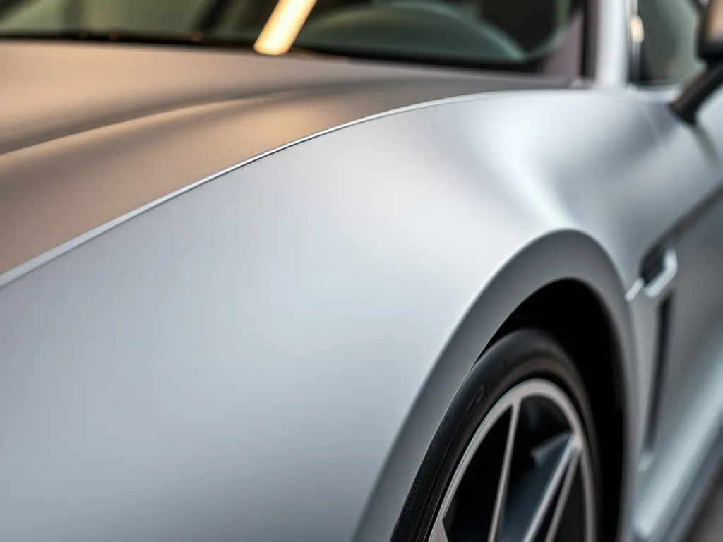 Close-up of a luxury car body with matte satin grey PPF prot
