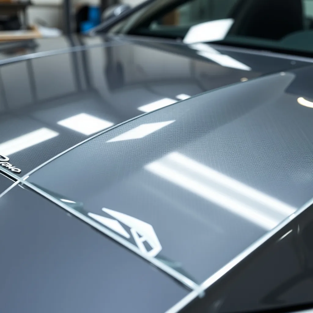 A close-up technical shot of a luxury car hood half-covered