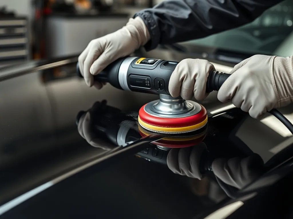 Close-up of a professional car detailer using a dual action